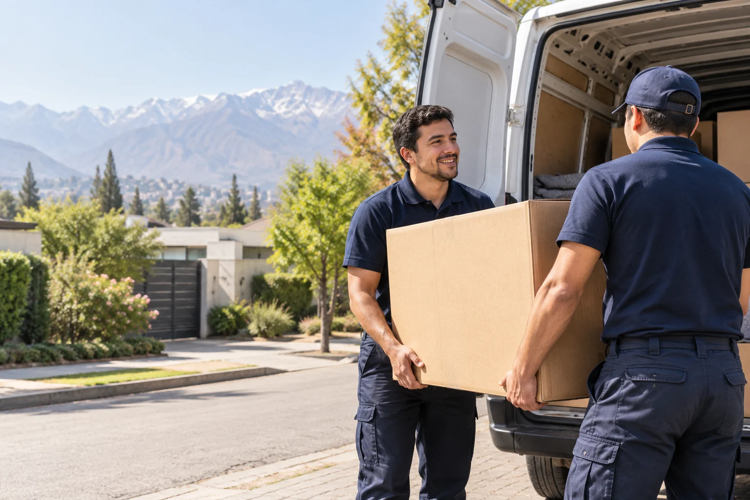 Dos transportistas trasladan una caja junto a un furgón. Imagen ilustrativa.